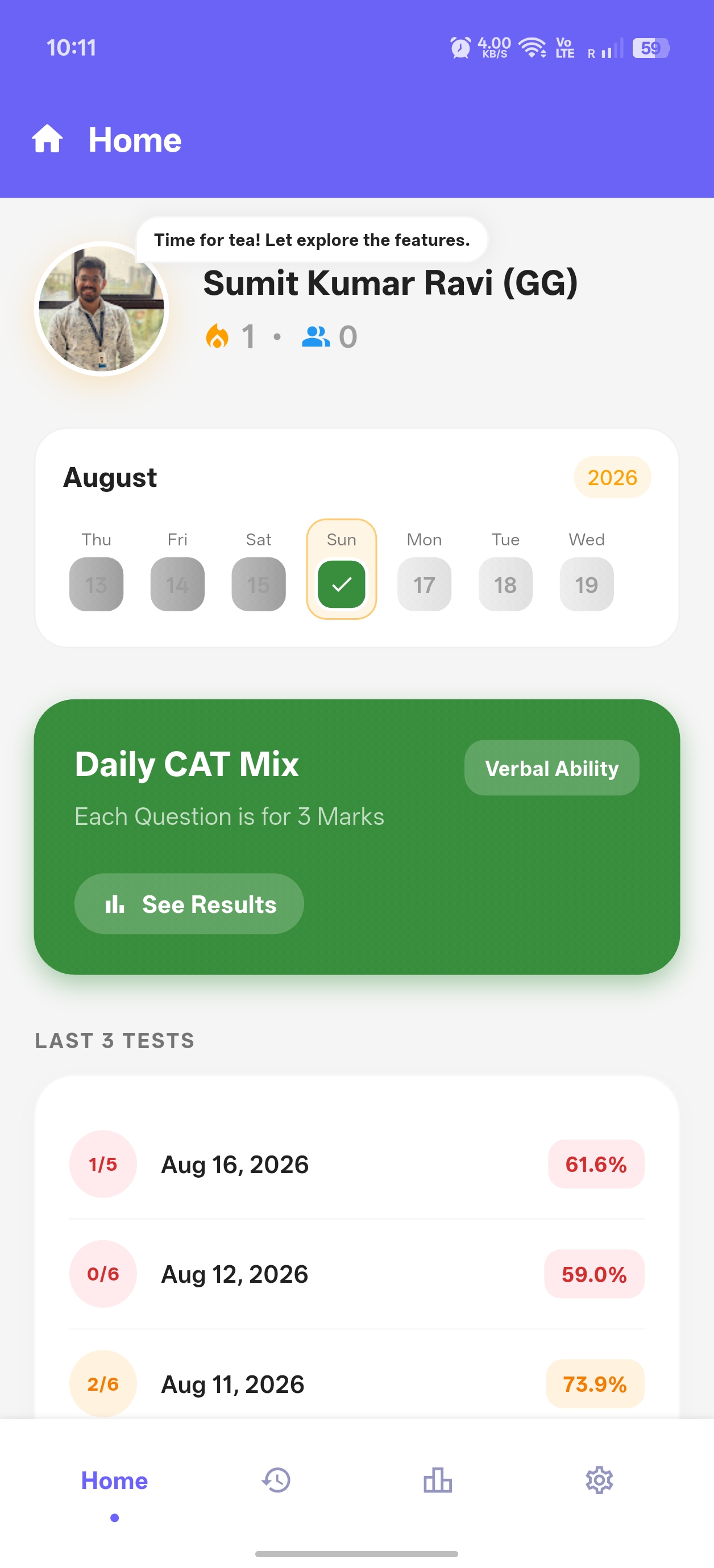 AptiTutor mobile screen showing daily CAT mix, test history, and performance scores