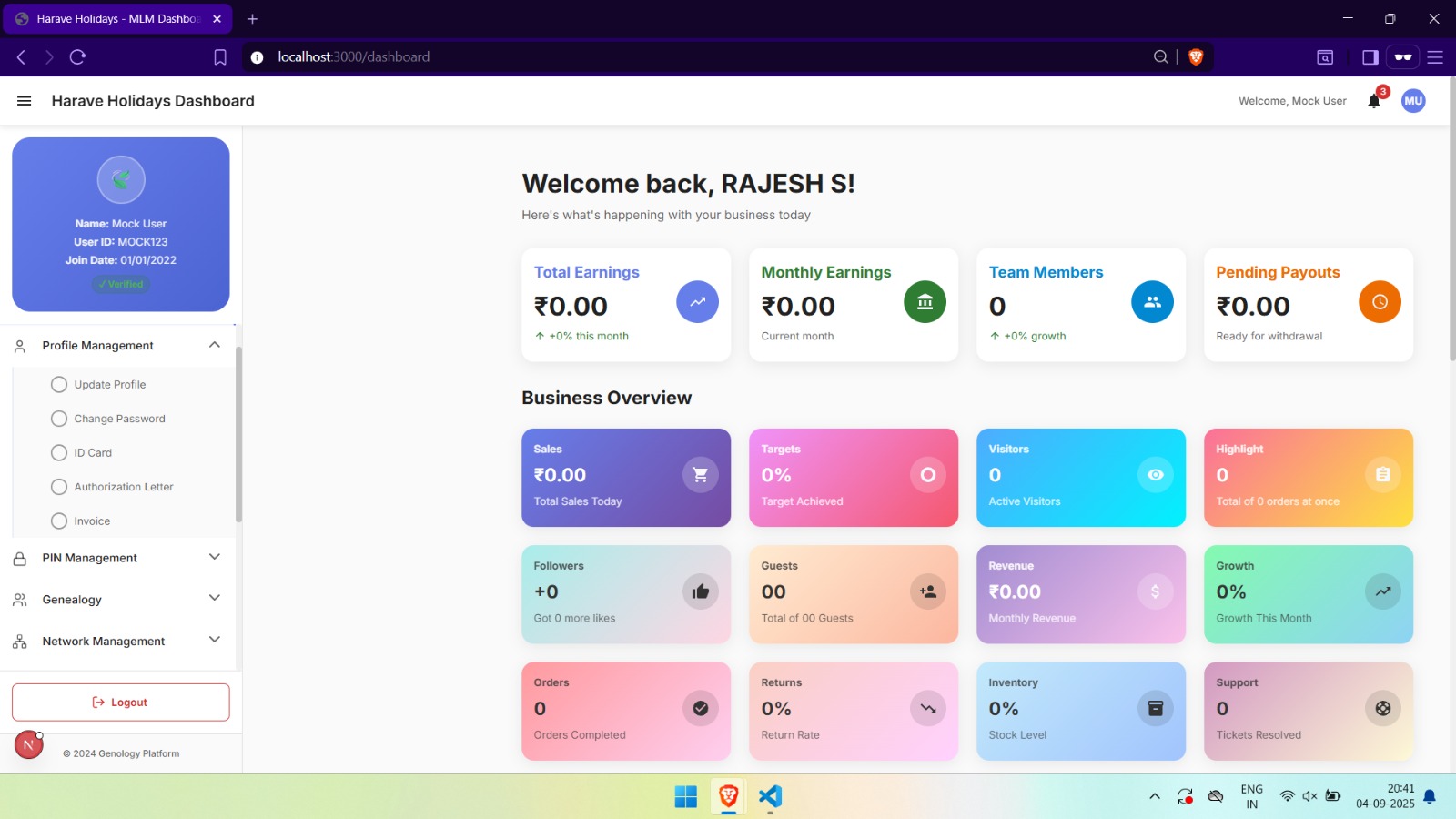 Harave Holidays dashboard showing earnings, members, payouts, and business overview cards